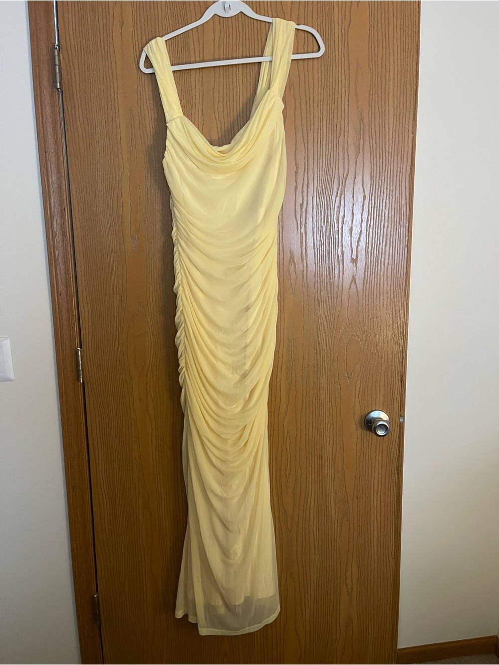 Elegant Yellow Ruched Cowl Neck Maxi Dress